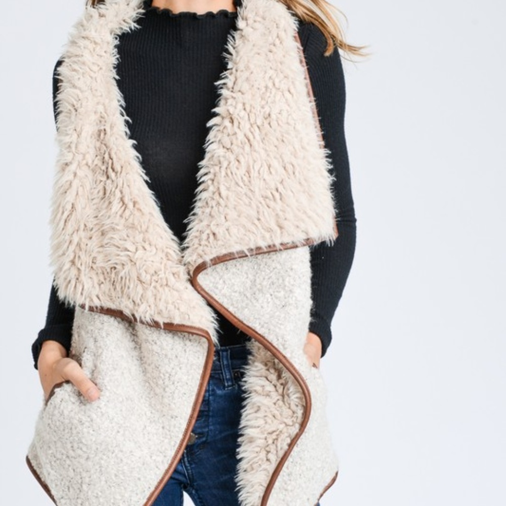 Faux Fur Collared Draped Shearling Vest - Picture 1 of 8